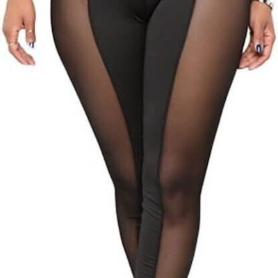 Women's Sexy See Through Sheer Mesh Pants Leggings High Waist Casual Size S